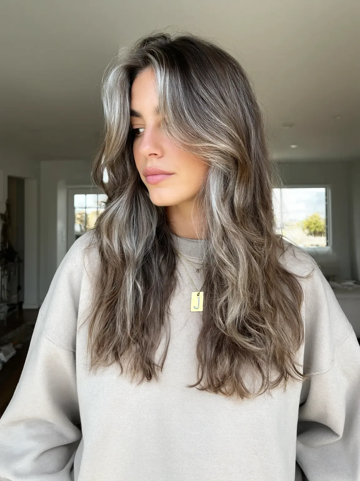 Voluminous Wavy Silver Frost Balayage Layers